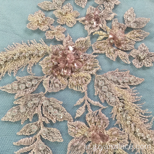 Oranye Berat Pekerjaan Tangan Beaded Embroidery Lace Fabric